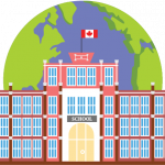 school building with Canadian flag in front of Earth