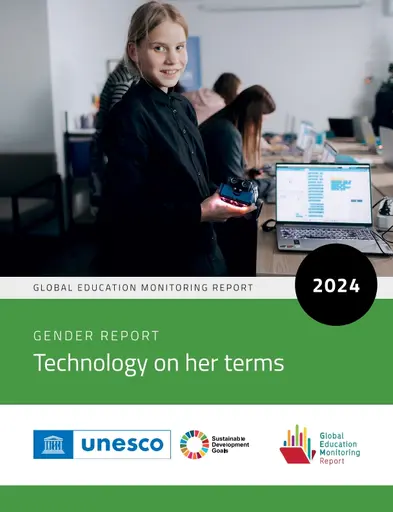 The cover page of the UNESCO 2024 gender report entitled "Technology on her terms."