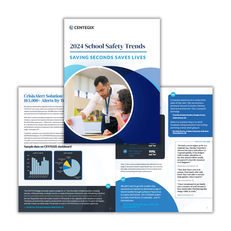 A collection of images that show the cover page of CENTEGIX's "2024 School Safety Trends" report and one of the report's inner pages.